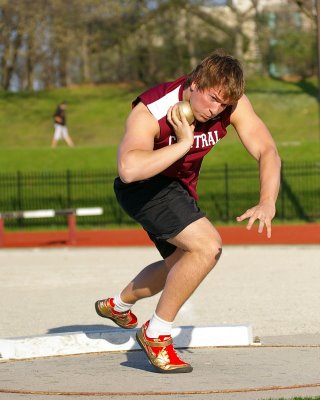 Chris Leipzig on his way to a County Meet winning shot put of 48' 10 1/2".