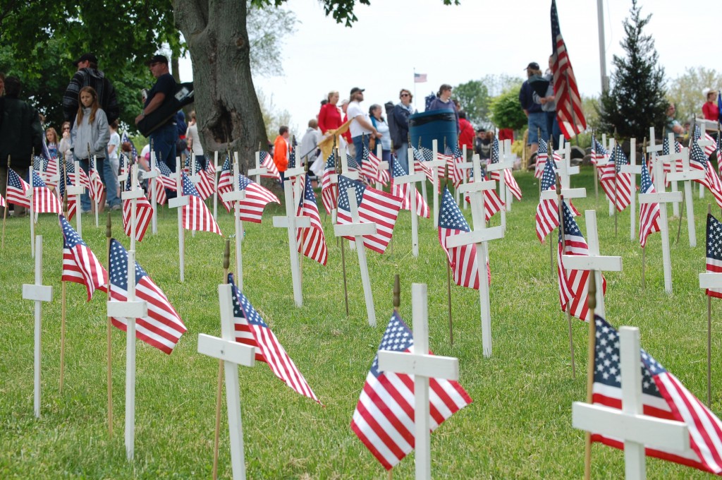 These crosses placed outside the Legion Hall represent the 93 Wisconsin residents that have died in the wars in Iraq and Afghanistan.