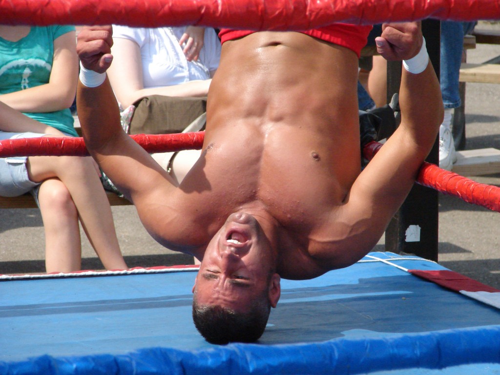 You might say wrestler Joey B was using his head -- as a landing point -- here. / Photo by David Pauley