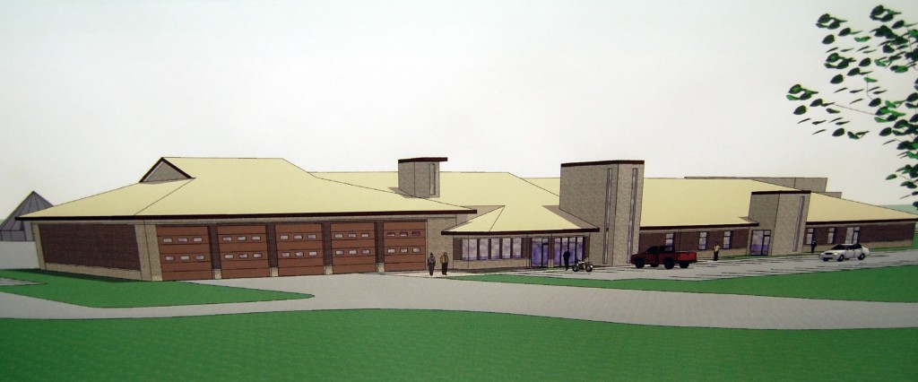 A rendering of the exterior of the new fire station/public works facility as proposed.