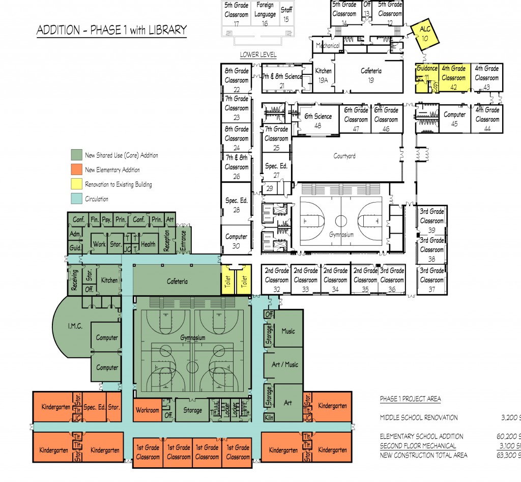 This plan from Bray Architects shows the footprint of the propsoed addition to Trevor School and where classes would be located. (Click image for larger view)