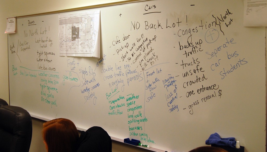 The whiteboard in the Wheatland Center School board room still was covered Tuesday with the ideas brainstromed about the bus/car drop-off/pick-up issue by a committee of parents, bus drivers administrators and School Board member Troy Bruley.