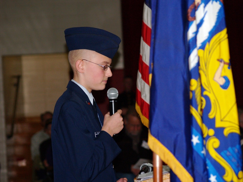 Max Tracey Sr. Airman of the Civil Air Patrol gives speech to students and veterans