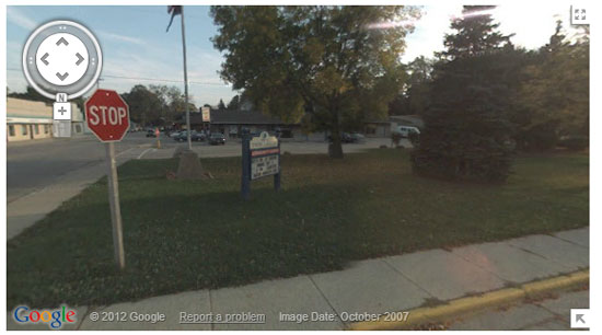 This Google Streetview screen capture shows the current sign at North and South Lake Avenue.