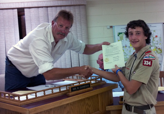 Wheatland town Chairman Bill Glembocki (left) presents Gerald Ehr with a resolution in honor of his Eagle Scout service project. /Submitted photo