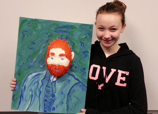 Adrianna Fico and her award-winning artwork, which is based on a famous portrait of painter Vincent Van Gogh. /Submitted photo