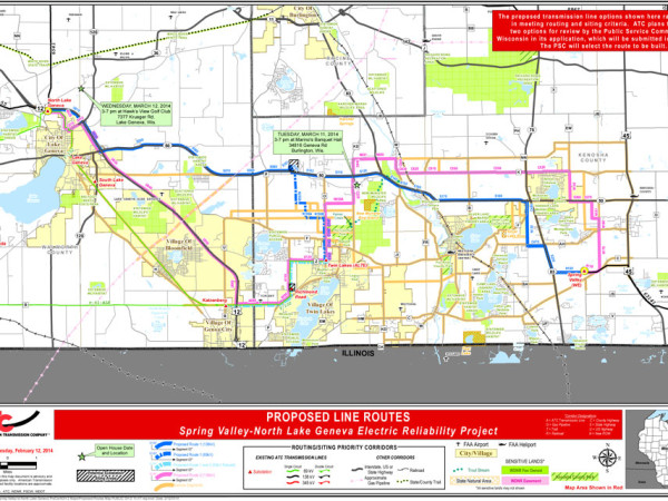 The two routes now under consideration by ATC for Spring Valley-North Lake Geneva Electric Reliability Project. 