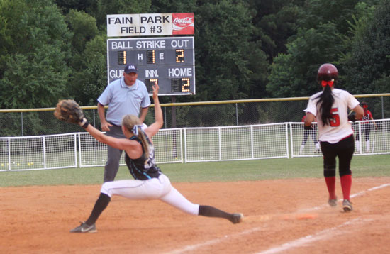 Brittney Blazich (Westosha Central HS) stretches for the final out against Snohomish Shock of Washington State in Montgomery, AL on Thursday. /Jennifer Spahn photo
