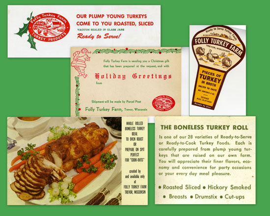 The Folly Turkey Farm that existed west of the hamlet of Trevor on County Highway C, near to the current Town of Salem Treatment Plant. They operated an extensive mail order business for processed turkeys in any of 28 different forms and tastes as well as fresh for pickup. For a time, they operated a small store on the property and employed many locals. Some of their literature claims over 12,000 turkeys, many of these arriving as young animals thru the Trevor Post Office. This enterprise had several buildings, a huge drive-in size freezer, and two or three huge pressure cookers. The shell of one building still stands, but all the cages, and accessory buildings are now gone, the last, the residence, removed May, 2006. This property was once owned by the Mrs George Higgins, a Udall. The Udall family was a very early Salem/Wheatland family owning huge tracts of land and very active in the development of Fox River, Wilmot and Trevor./Image courtesy of Western Kenosha County Historical Society