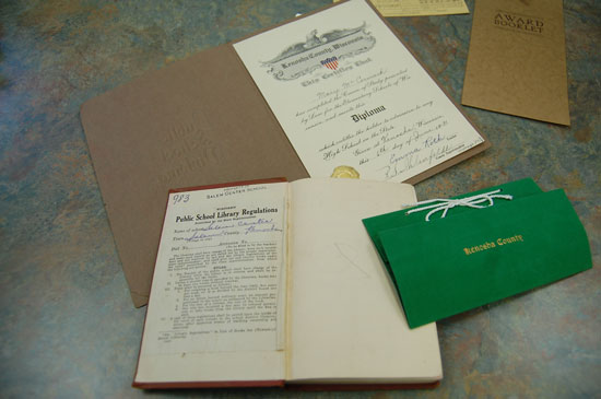 This circa 1930 diploma, book and report card were donated by Mary McCormack, and will be part of the display at the Salem School 100th Anniversary Celebration.