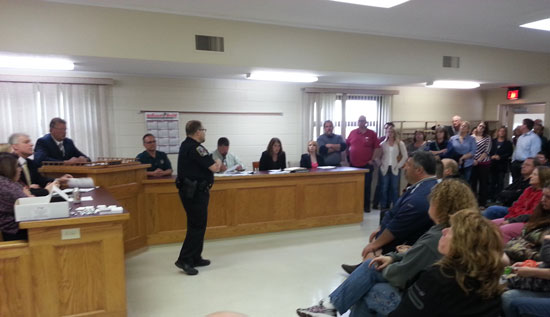 Constable Bob Santelli addresses the meeting Wednesday at Wheatland Town Hall.