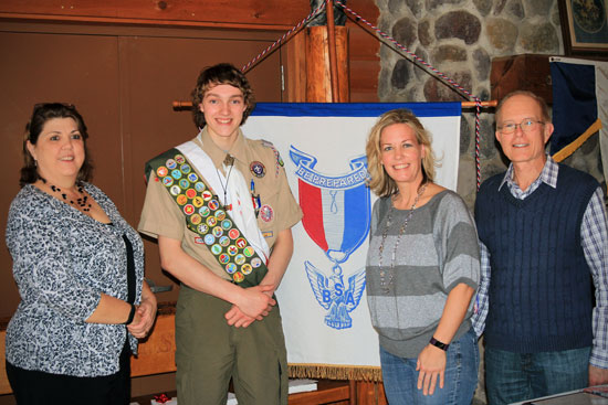 Colten Greenhill was awarded several certificates of recognition at his Eagle Scout Court of Honor. Pictured are (from left) Diann Tesar, Eagle Scout Colten Greenhill, state Rep. Samantha Kerkman and county Supervisor John Poole. /Submitted photo
